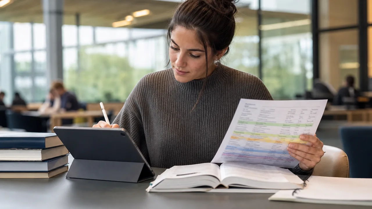 Student reviewing Australian 7-point GPA grade bands on paper beside a tablet — 7.0 scale GPA calculator guide
