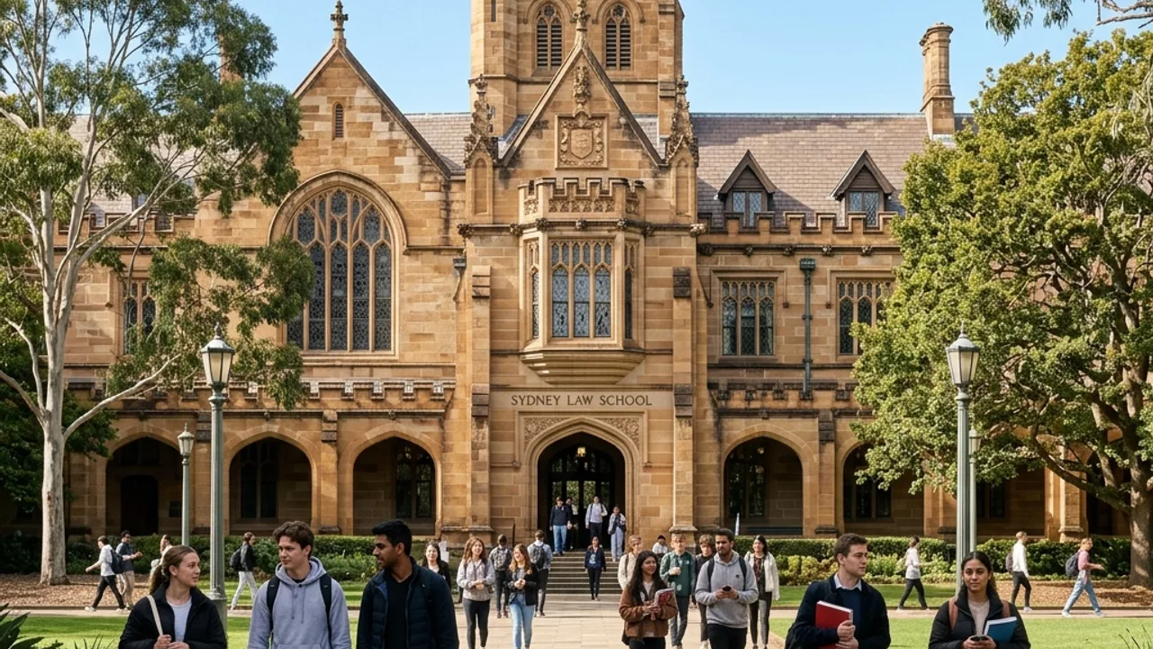 Students walking through a grand sandstone courtyard of an Australian university law school on a sunny day.
