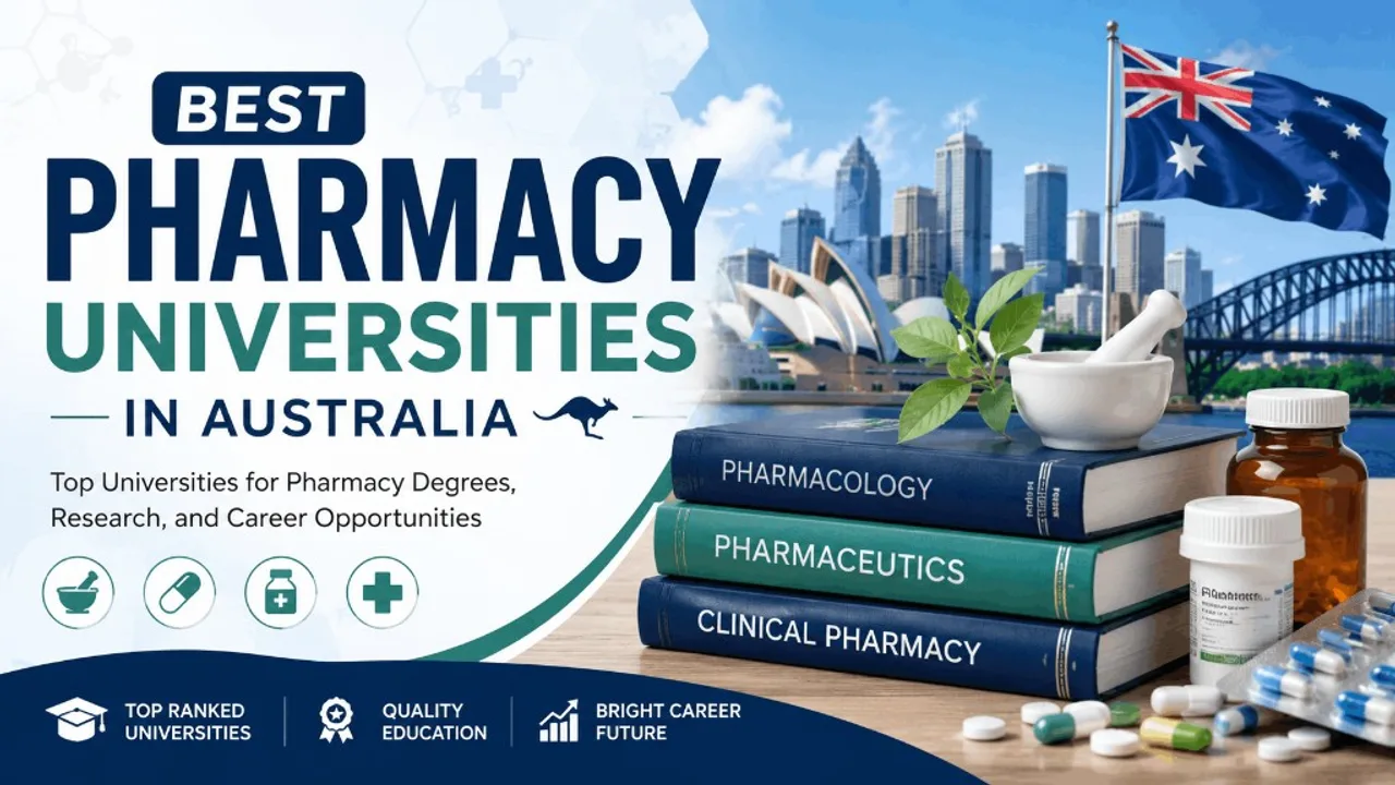 Pharmacy textbooks, medicine bottles, and Australian university skyline graphic — best pharmacy universities in Australia guide for students