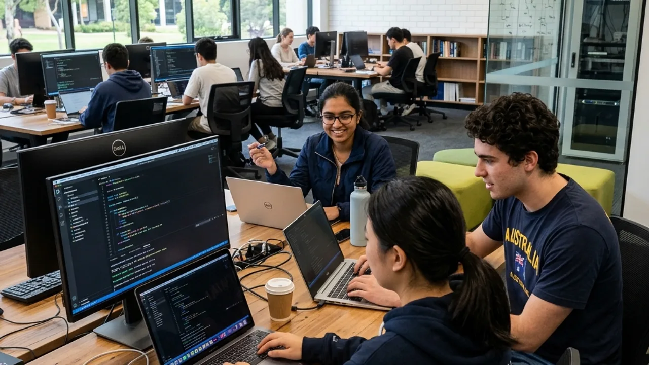 Students coding and working on a laptop at an Australian university computer science lab