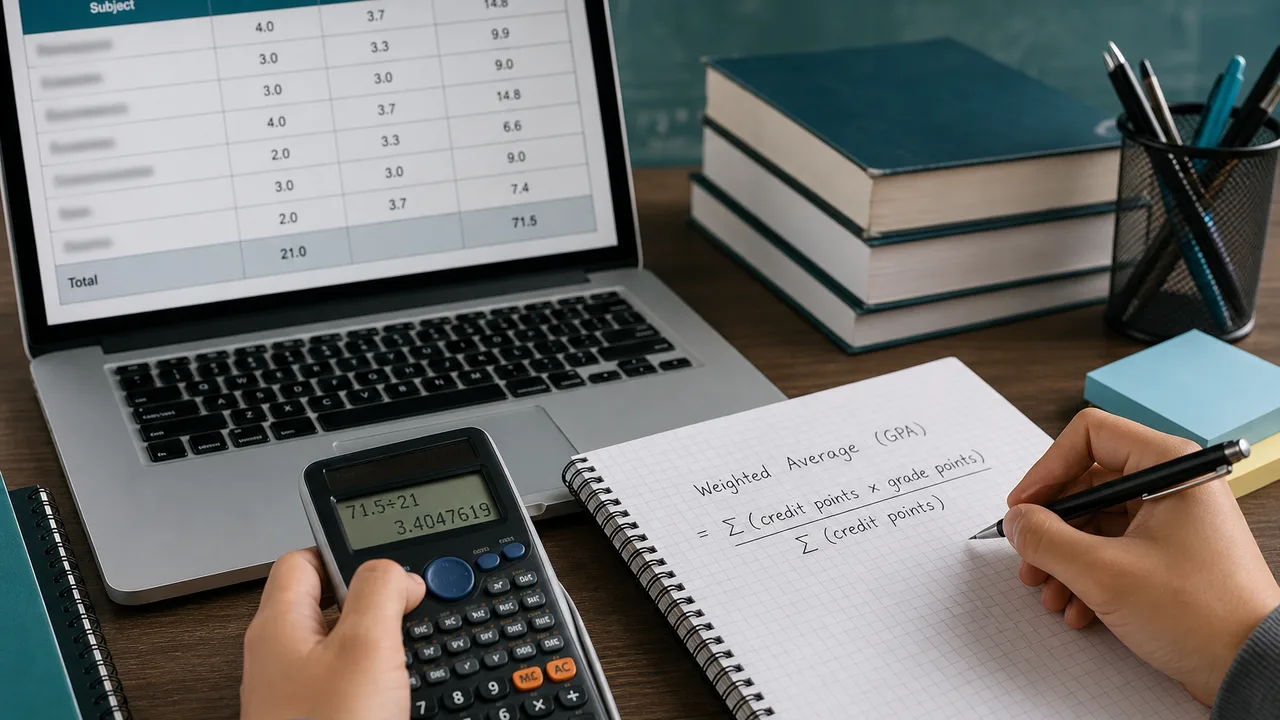 Student calculating weighted average mark with calculator, notebook formula, and subject marks on laptop