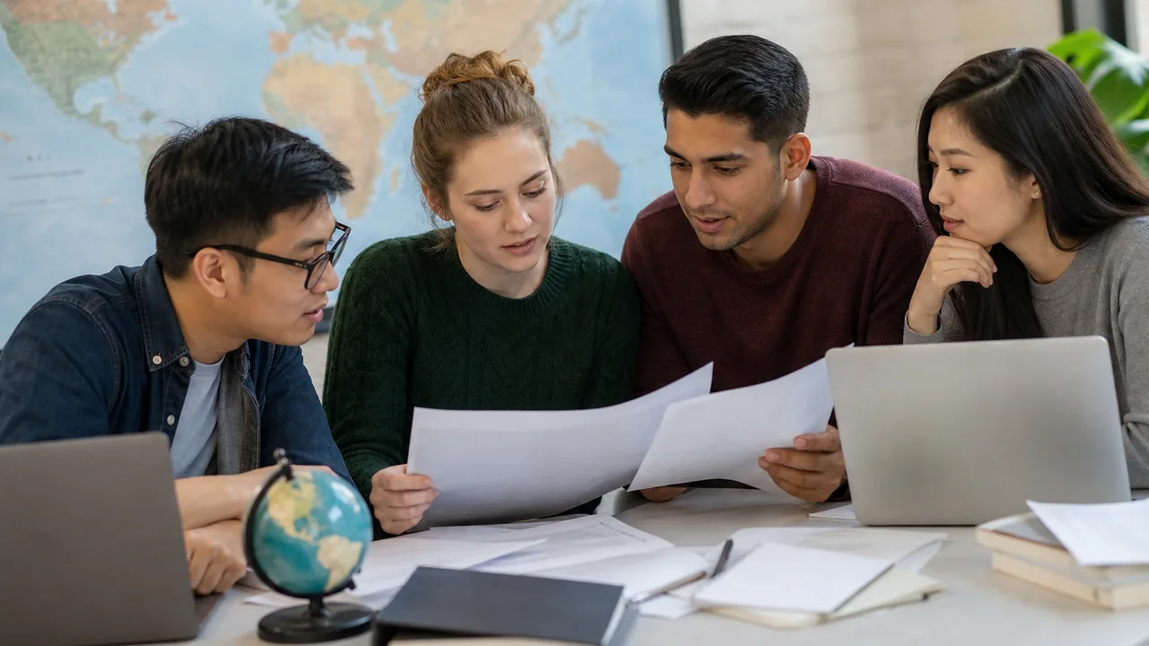 International students comparing university transcripts and grade conversion documents at a table