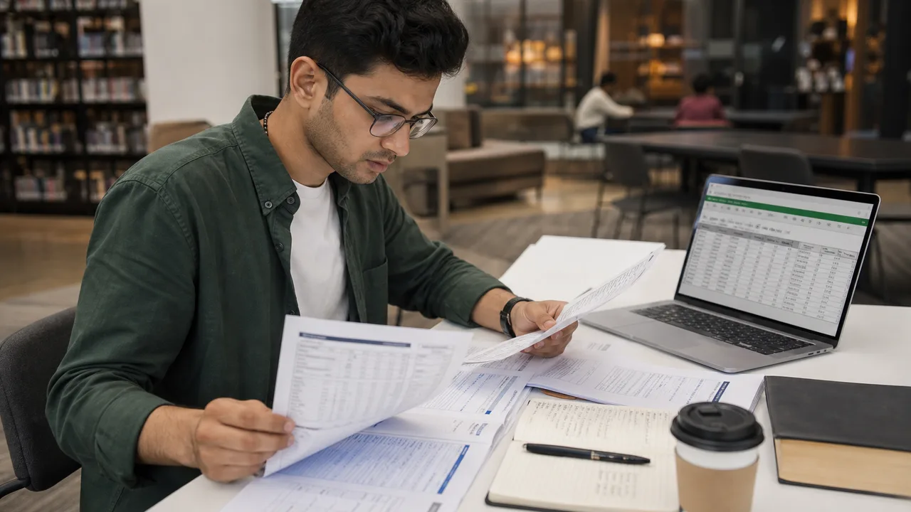 Student reviewing transcript pages and a cumulative GPA spreadsheet on a laptop — GPA to CGPA calculator guide
