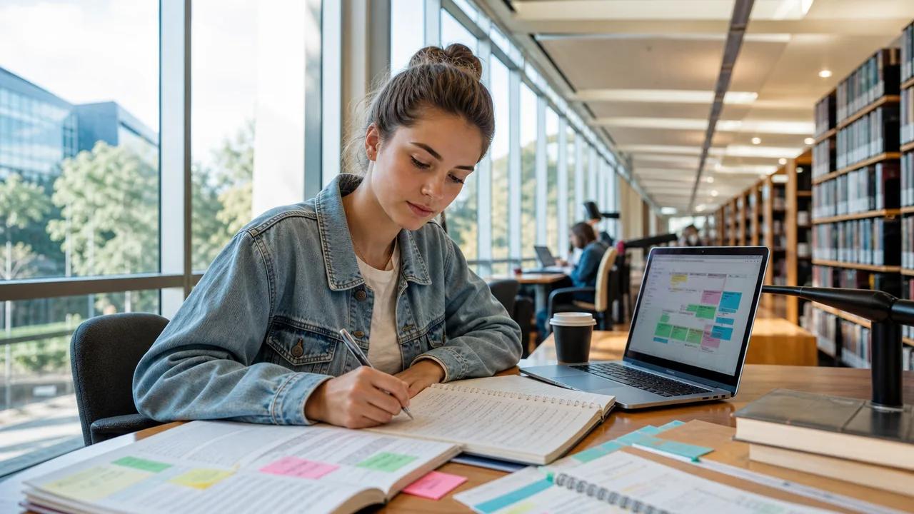 Student studying in a university library with notes and laptop — how to improve WAM at Uni