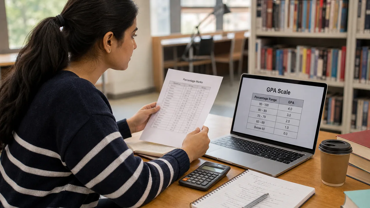 Student comparing percentage marks with a GPA scale on a laptop in a library — percentage to GPA calculator guide for Uni students