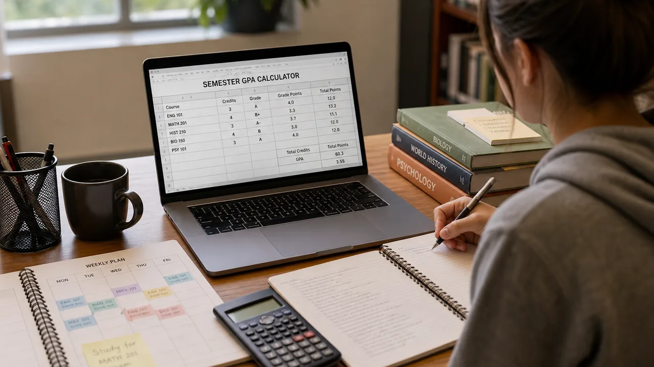 Student planning one semester GPA with a laptop grade spreadsheet, timetable, and calculator — semester GPA calculator guide for Uni students