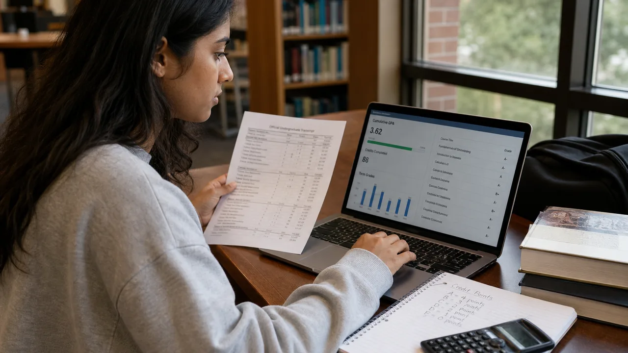 Uni student at a library desk reviewing cumulative GPA figures on a laptop alongside a printed semester transcript and study notes