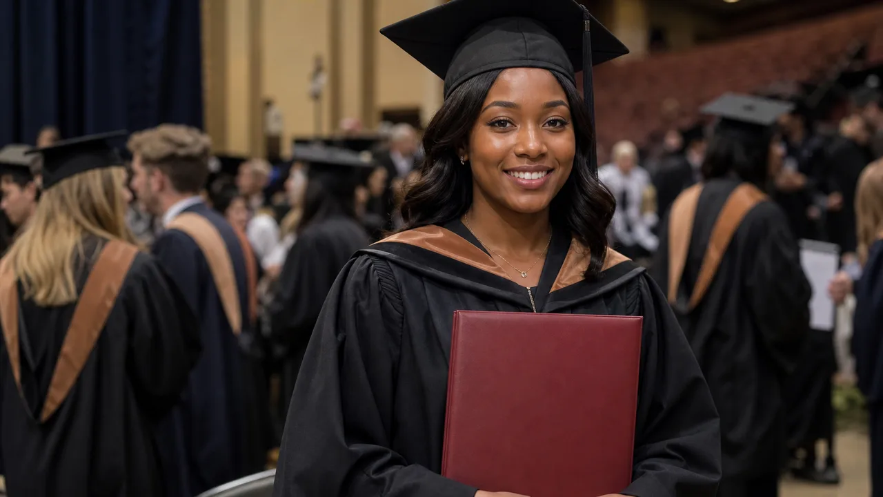 Uni graduate in academic gown celebrating at a university graduation ceremony while holding a diploma folder