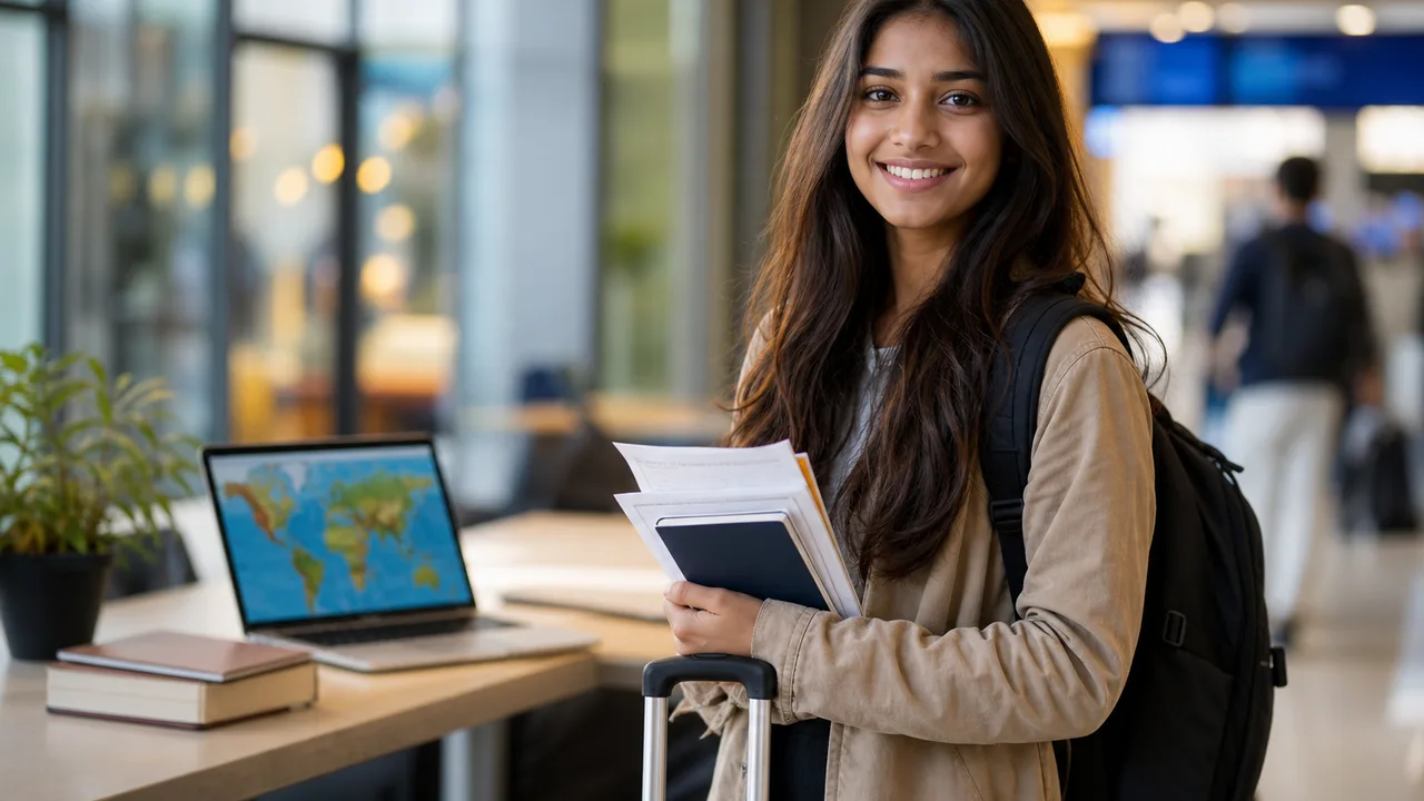 University student with luggage and study documents preparing for an international semester exchange while reviewing enrolment details on a laptop
