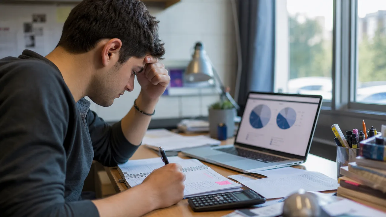 Student preparing for final exams with laptop, calculator, and study notes on a desk