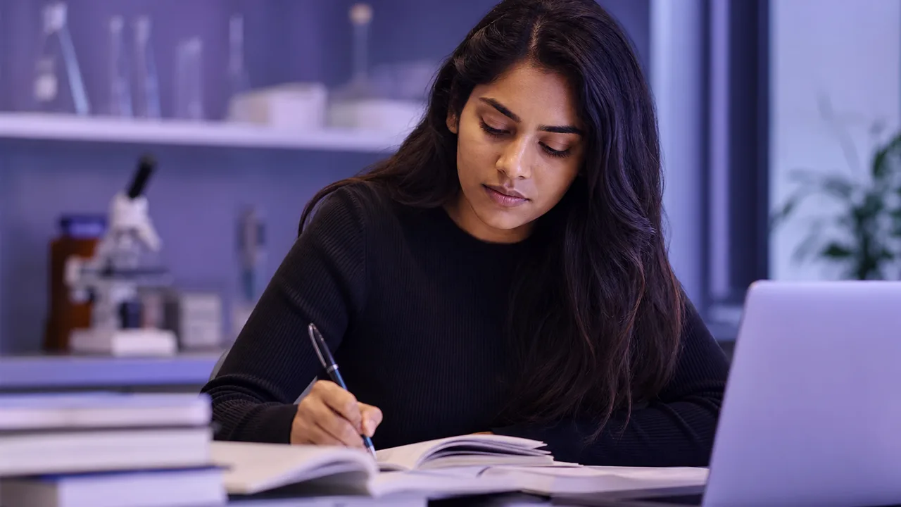 Honours postgraduate student in a university research setting with books and laptop