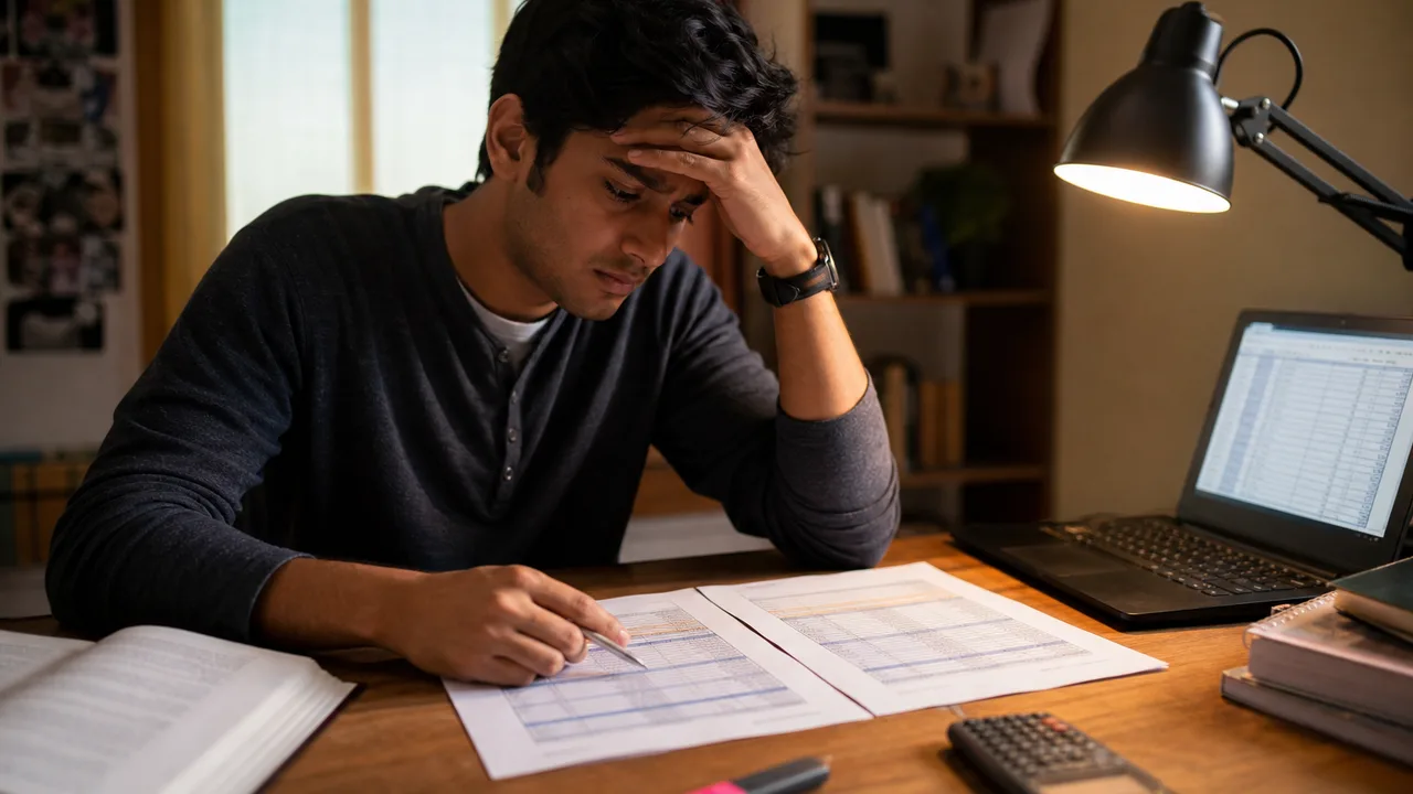 University student comparing two semester result sheets at a desk while using a laptop and calculator to plan a repeated unit