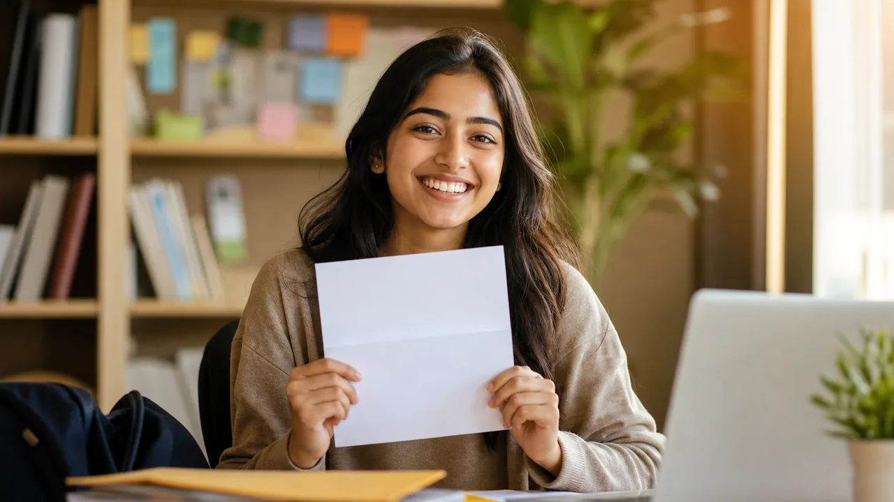 University student celebrating a scholarship achievement with laptop and documents on desk