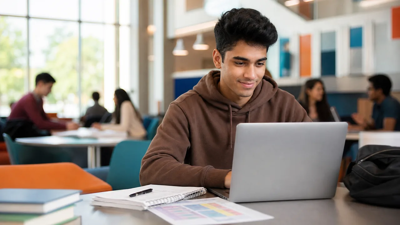 Uni student checking semester exam results on a laptop in a campus study lounge with notes and timetable