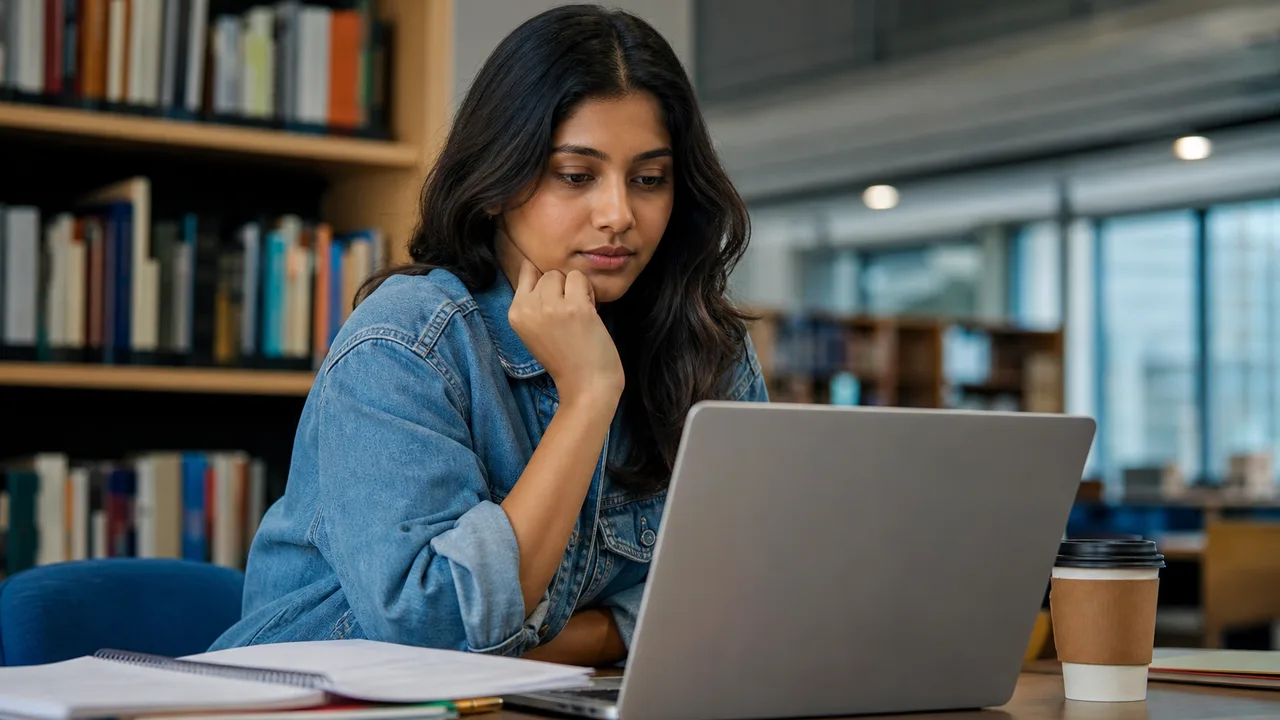 University student reviewing exam results on a laptop in a study space while planning supplementary assessment options