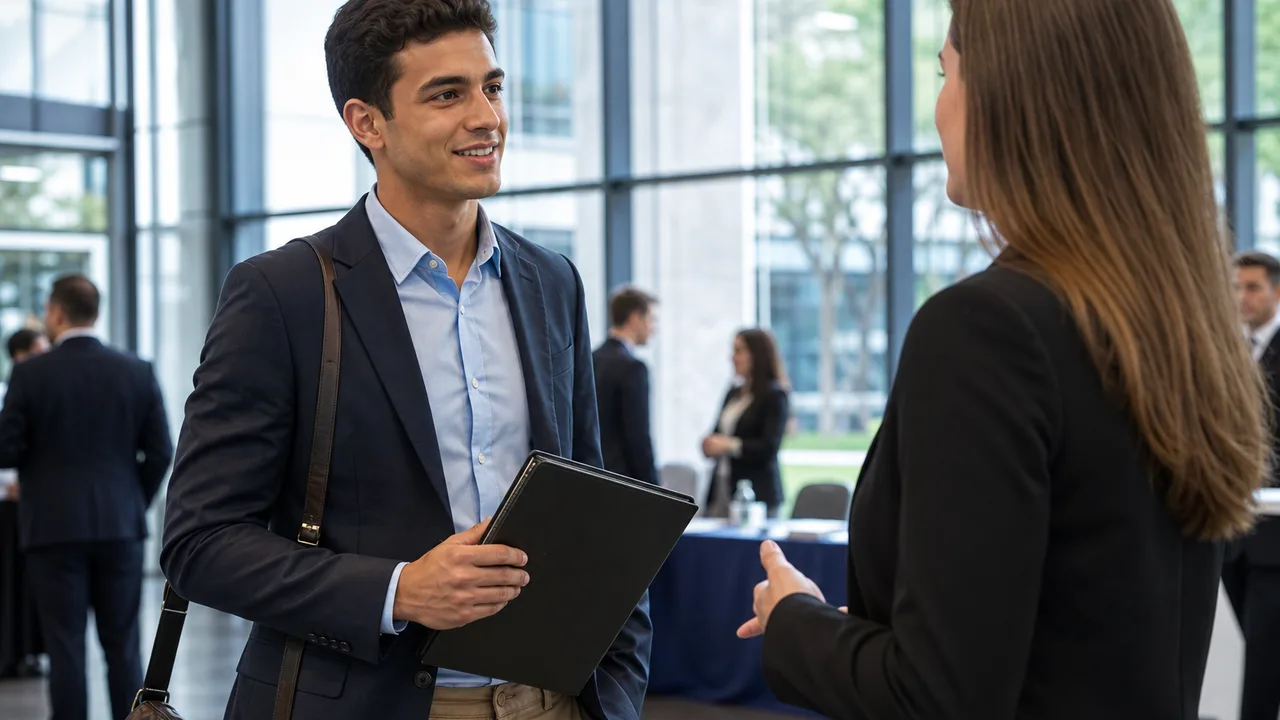 Uni university student in business attire at a career fair speaking with a recruiter while holding a portfolio folder