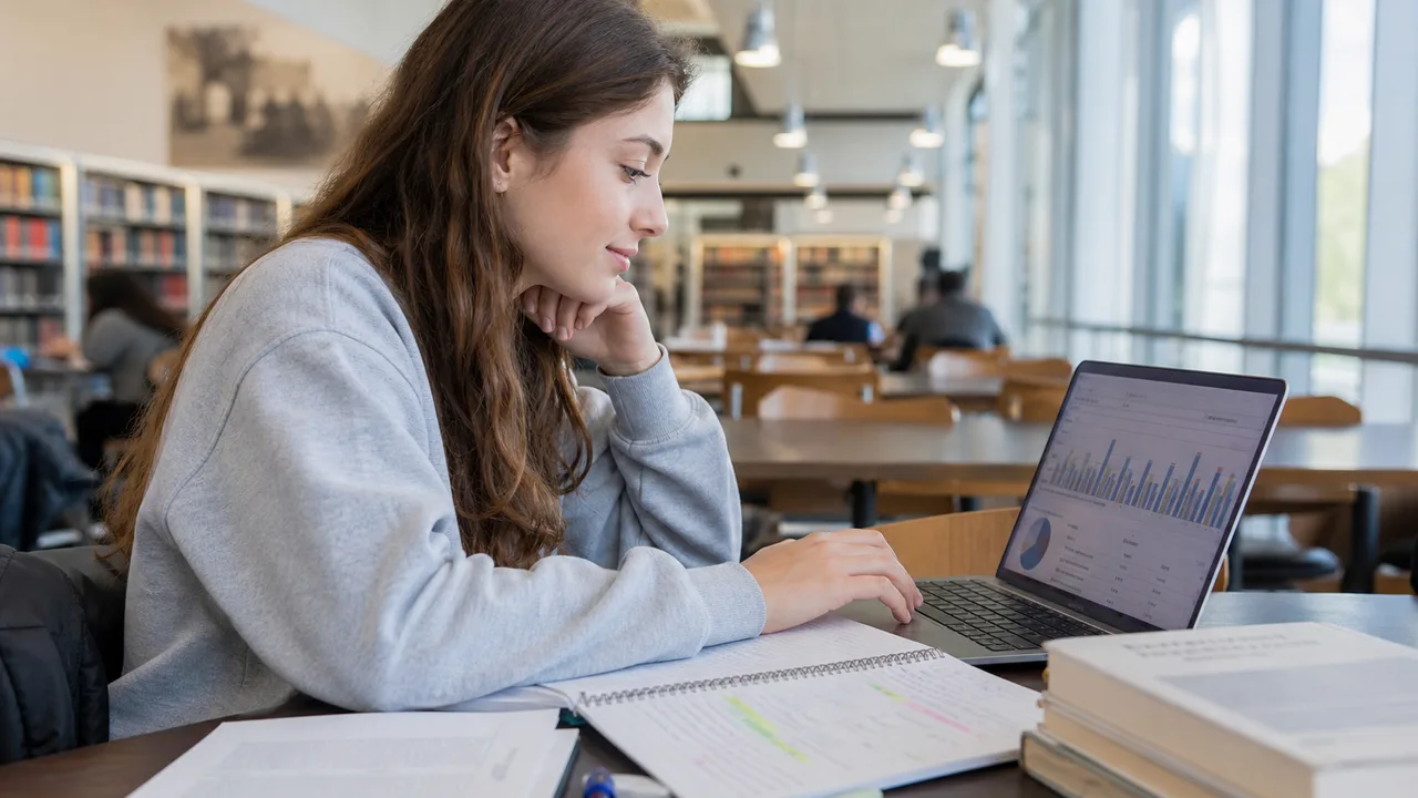 Uni student at a campus library table reviewing academic progress goals on a laptop with notebooks and highlighters