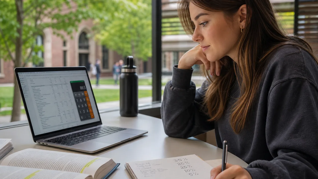 Uni student planning WAM what-if scenarios on a laptop with study notes and percentage estimates at a campus desk