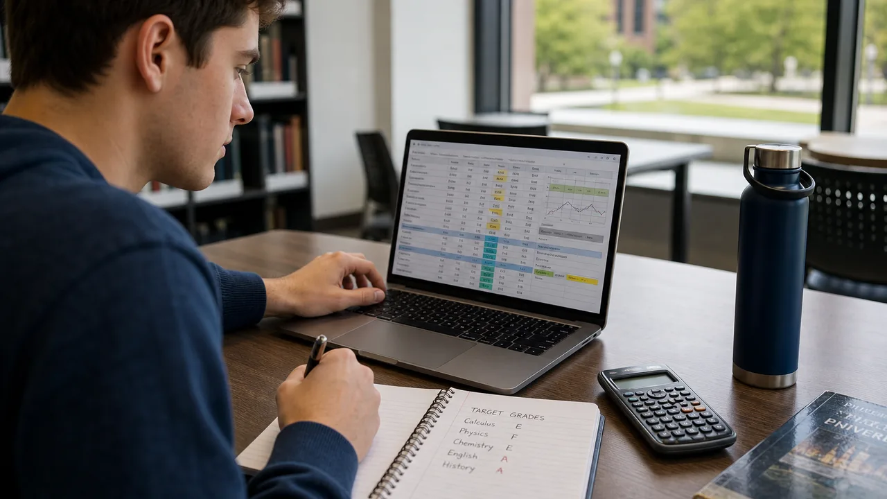 Uni student planning a WAM target on a laptop with study notes and calculator at a campus desk