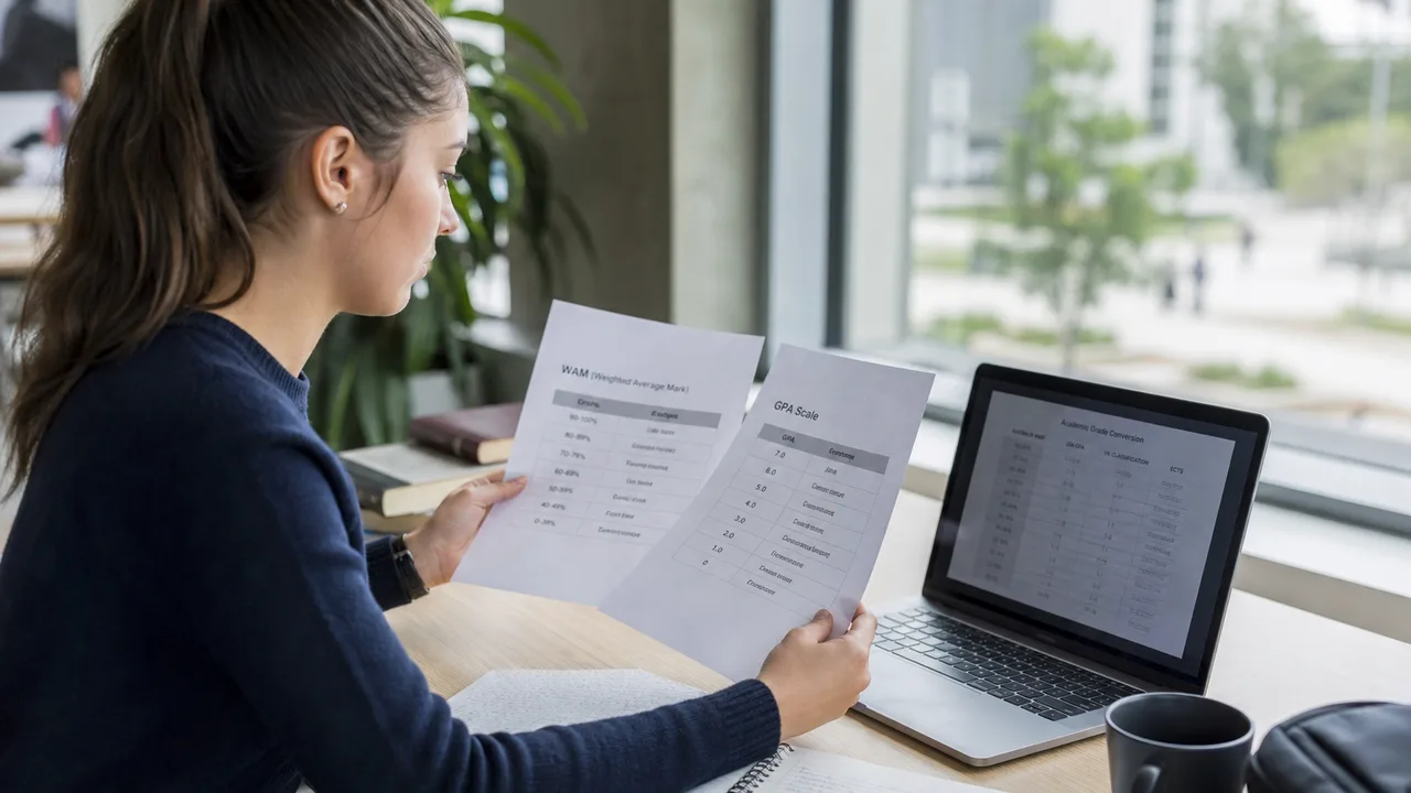 Student at a desk comparing WAM percentage marks and GPA scale documents on a laptop