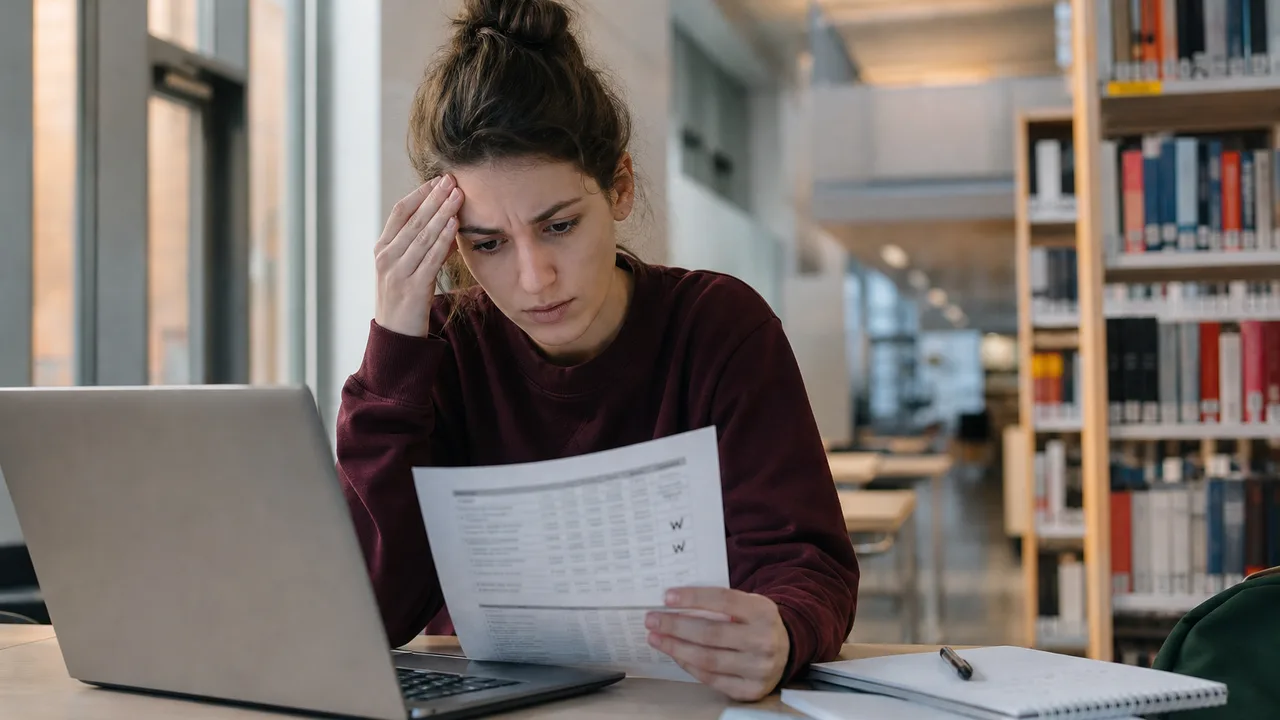Uni student at a library desk reviewing an academic transcript on a laptop with study notes and a concerned expression