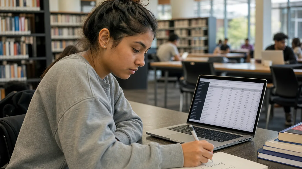 First-year Uni student at a library desk reviewing a weighted average formula on a laptop alongside study notes and a printed unit list
