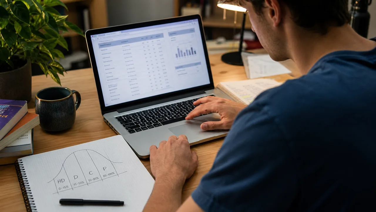 University student reviewing WAM grade benchmarks and academic transcript on a laptop